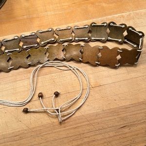 Wood and cord belt, 32 inch center, 22 inch cording at each end, olive green